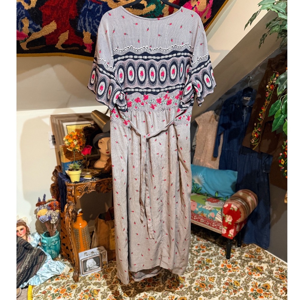 Vintage 90s Rose Floral Pinstripe Rayon Dress Plus Size‎ 26W Made in USA - Picture 6 of 8